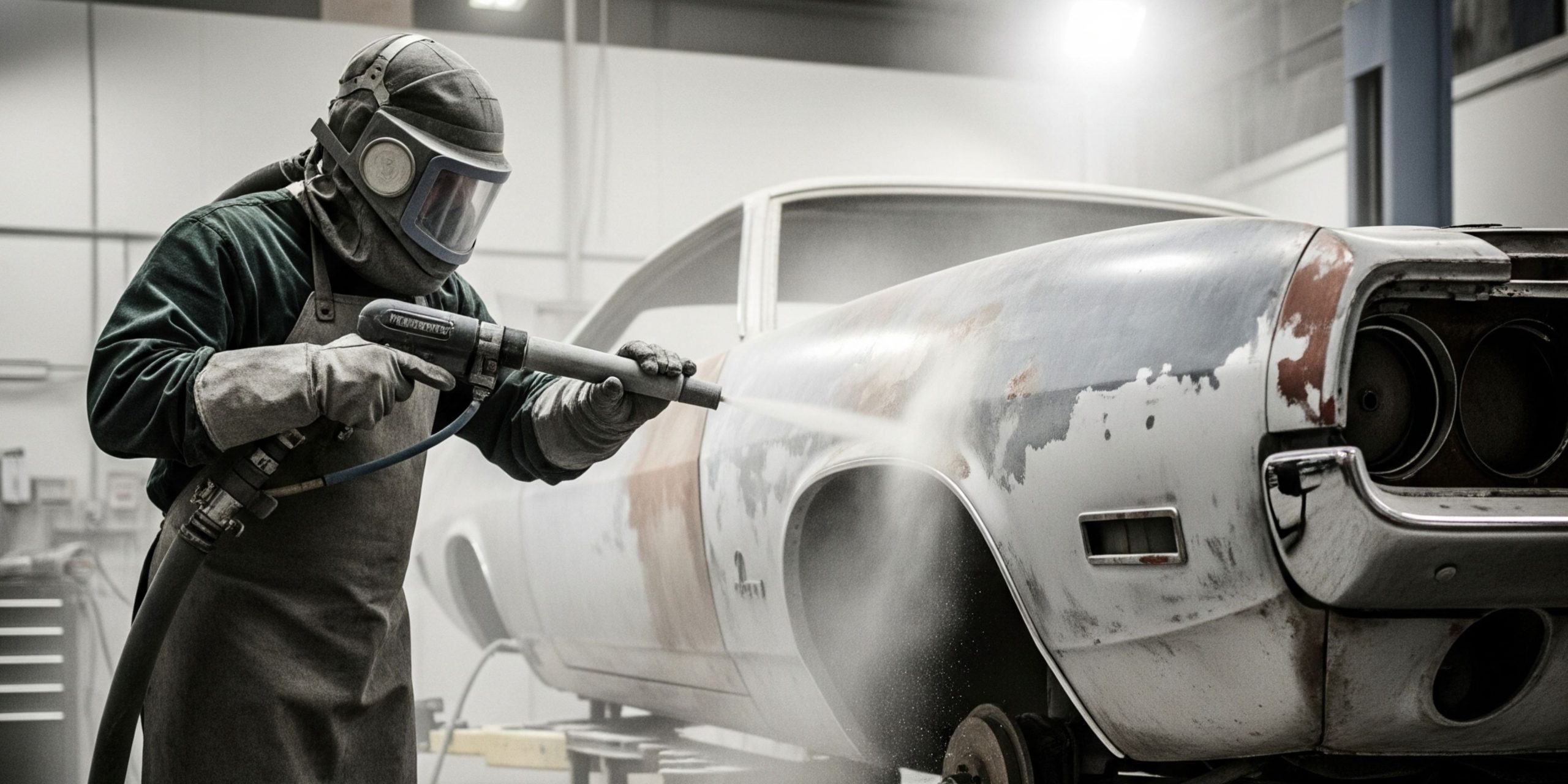 Proses jasa sandblasting mobil Karawang untuk menghilangkan karat dan cat lama dari bodi mobil klasik sebelum restorasi.