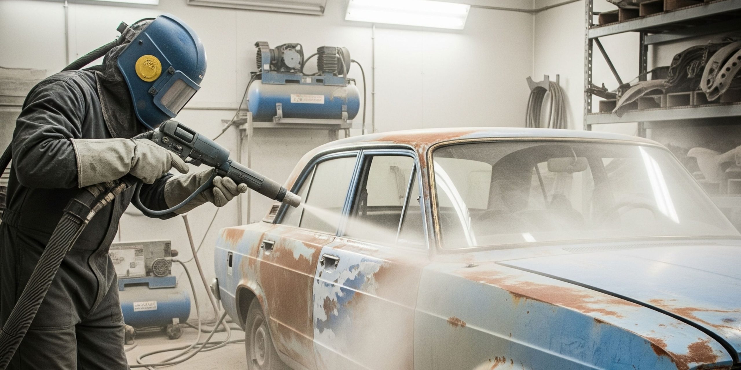 Proses sandblasting mobil di bengkel restorasi Malang untuk menghilangkan karat dan cat lama pada bodi mobil