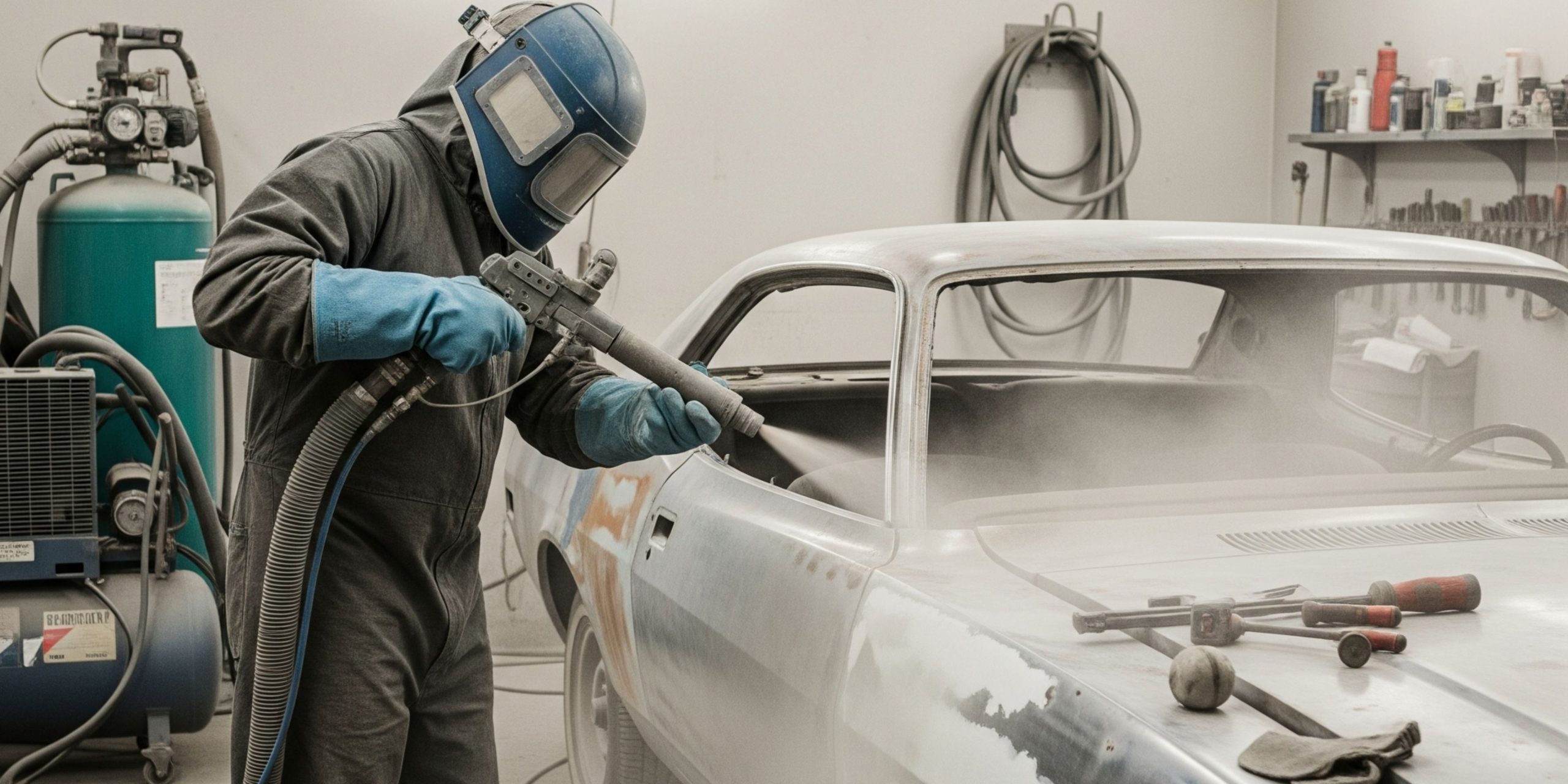 Seorang pekerja sedang melakukan sandblasting pada bodi mobil klasik di sebuah bengkel