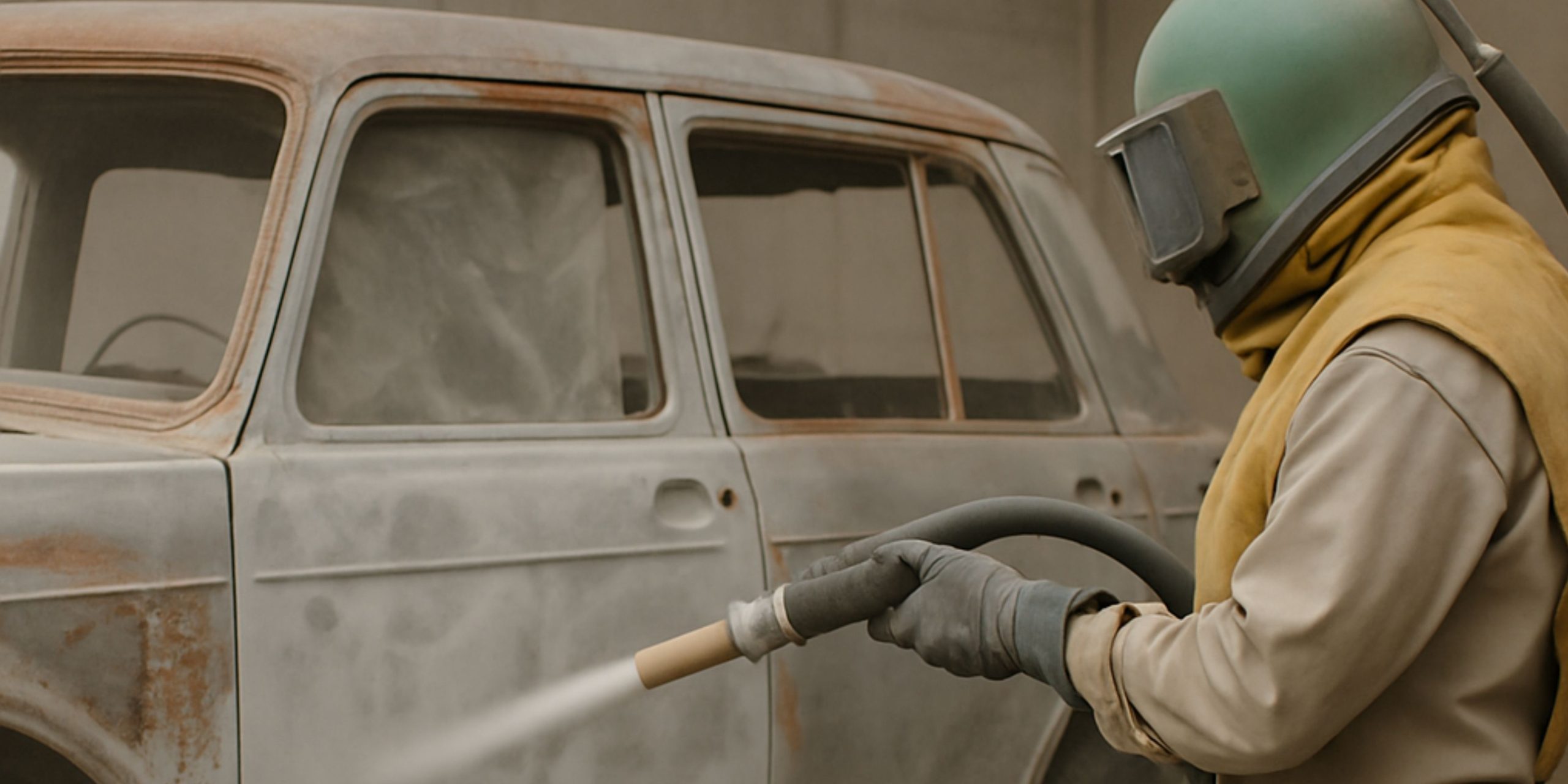 Pekerja memakai perlengkapan safety lengkap sedang melakukan proses sandblasting pada bodi mobil klasik berkarat di dalam bengkel industri.
