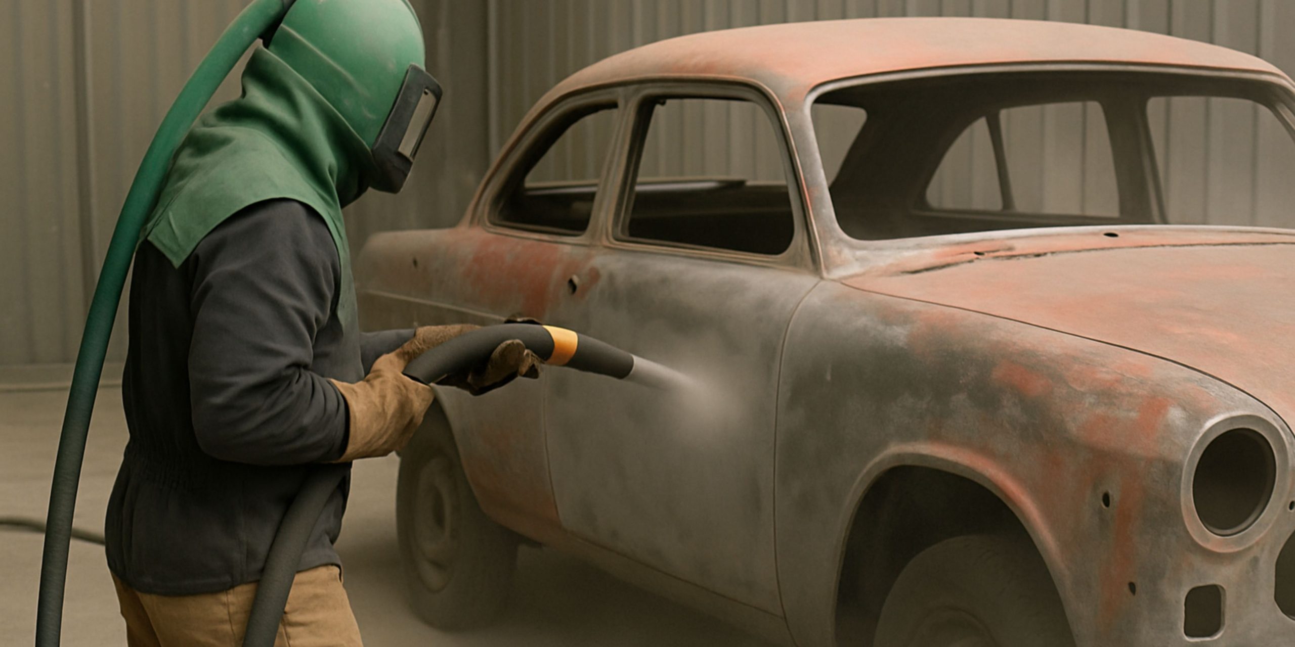 Seorang teknisi sandblasting mengenakan perlengkapan pelindung lengkap sedang menyemprotkan pasir ke bodi mobil tua di dalam bengkel, membersihkan karat dan cat lama.