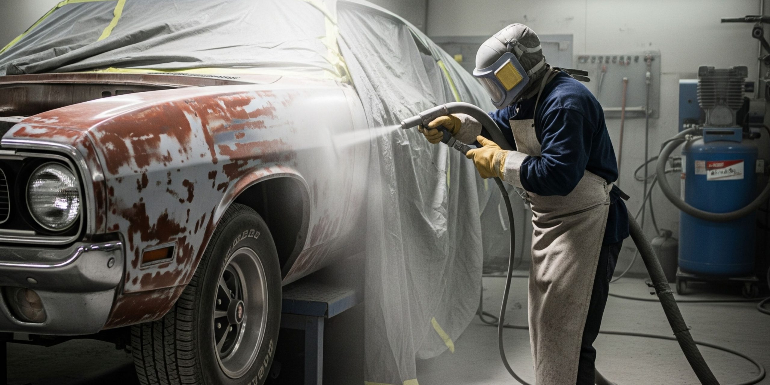 Proses sandblasting mobil di bengkel untuk menghilangkan karat dan cat lama.