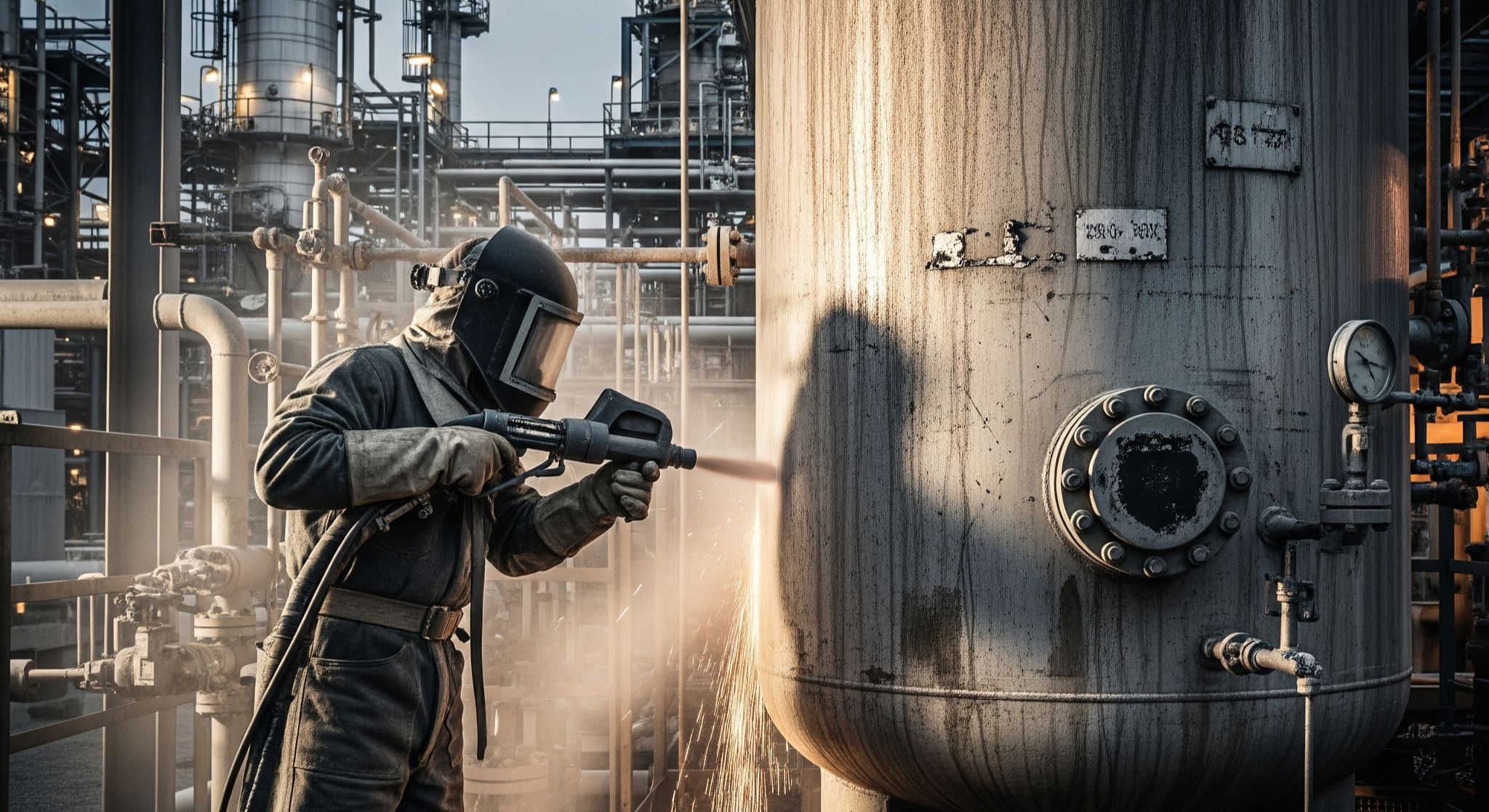 Spesialis blasting bejana tekan di kilang minyak menggunakan peralatan profesional.