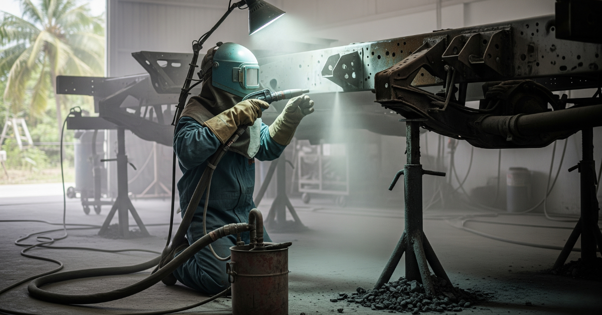 Pekerja sandblasting Pekanbaru membersihkan sasis truk dengan metode dry blasting