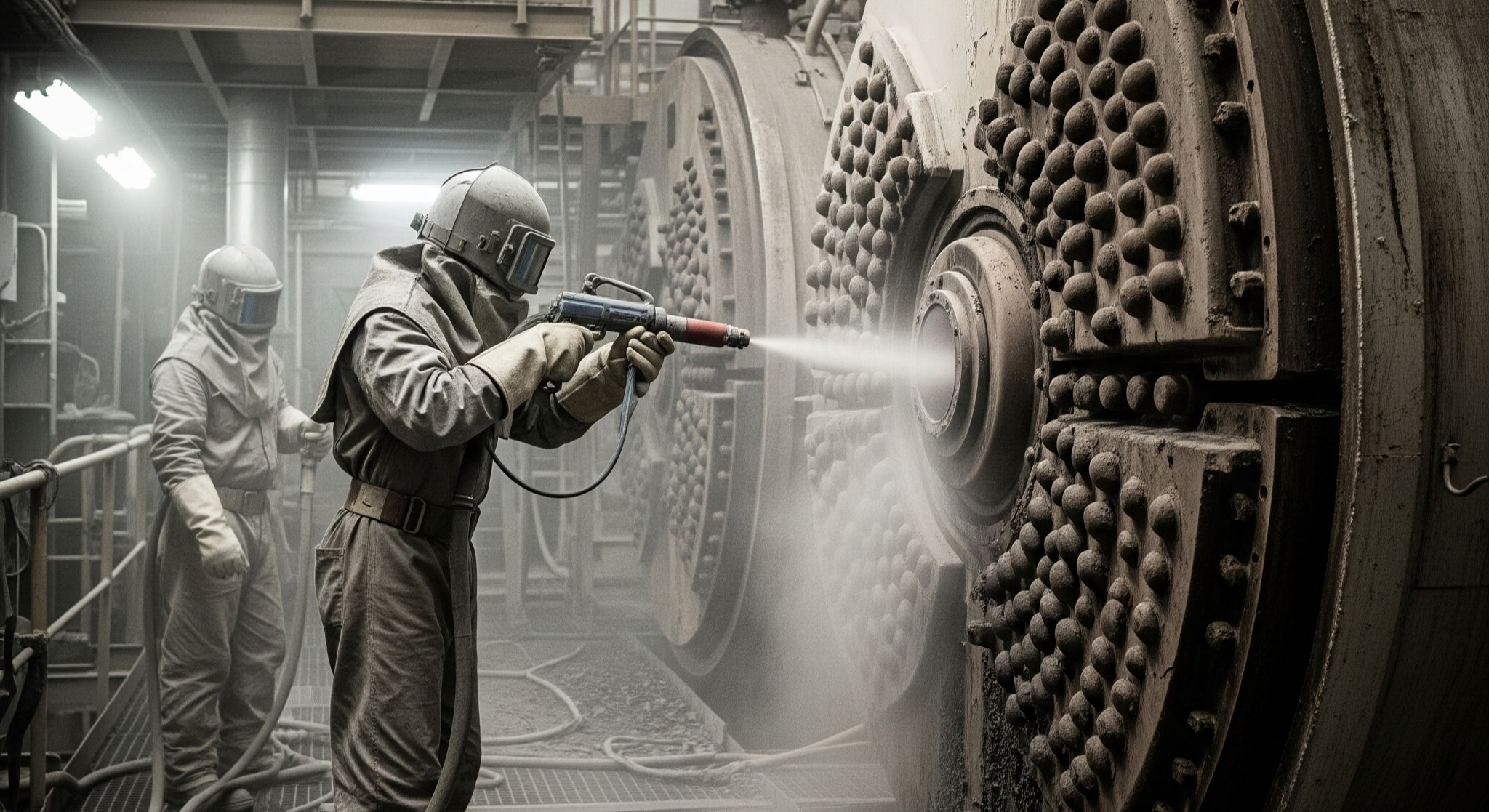 Pekerjaan sandblasting di PLTU Suralaya untuk menghilangkan kerak pada boiler