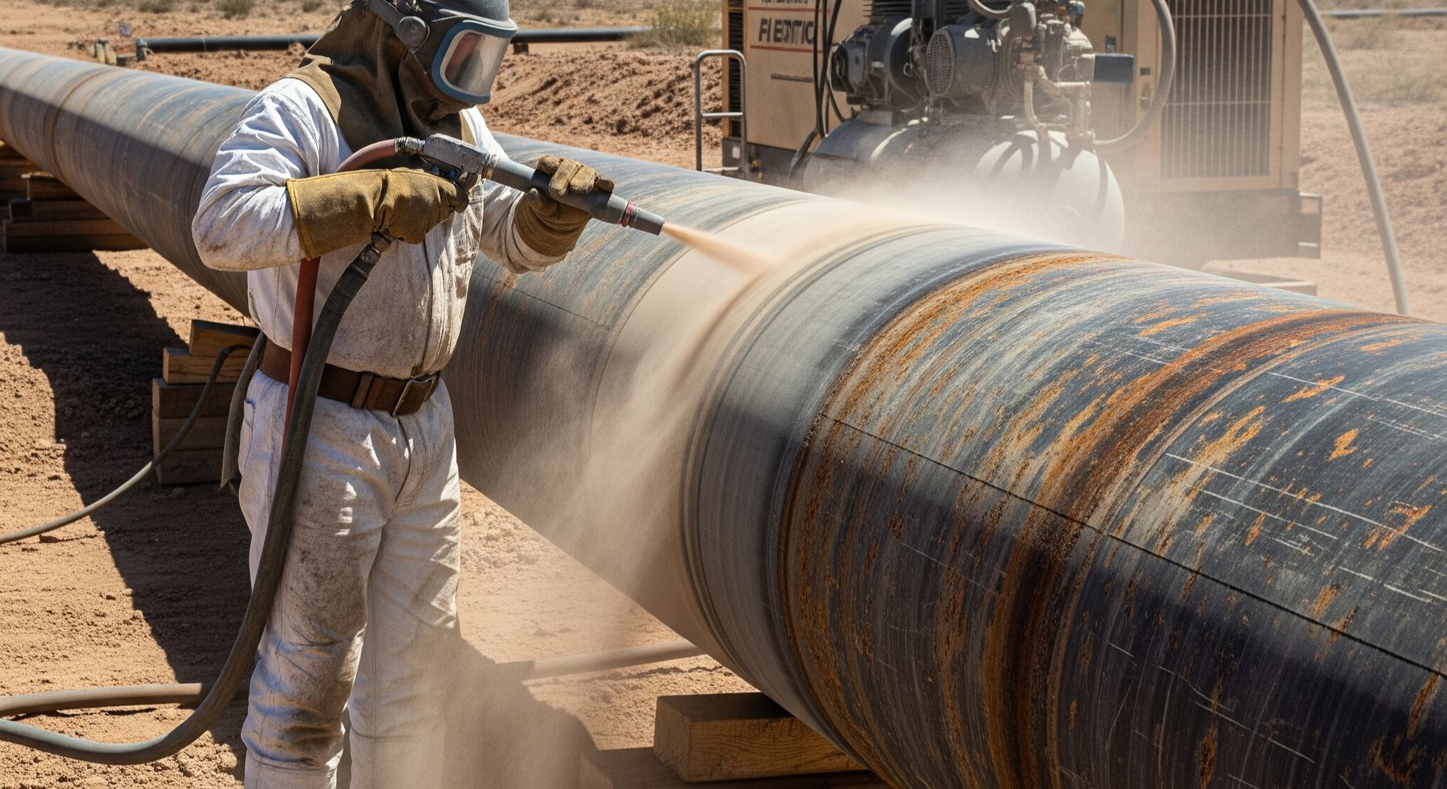 Teknisi spesialis rehabilitasi pipa migas melakukan blasting pada pipa transmisi gas bertekanan tinggi.