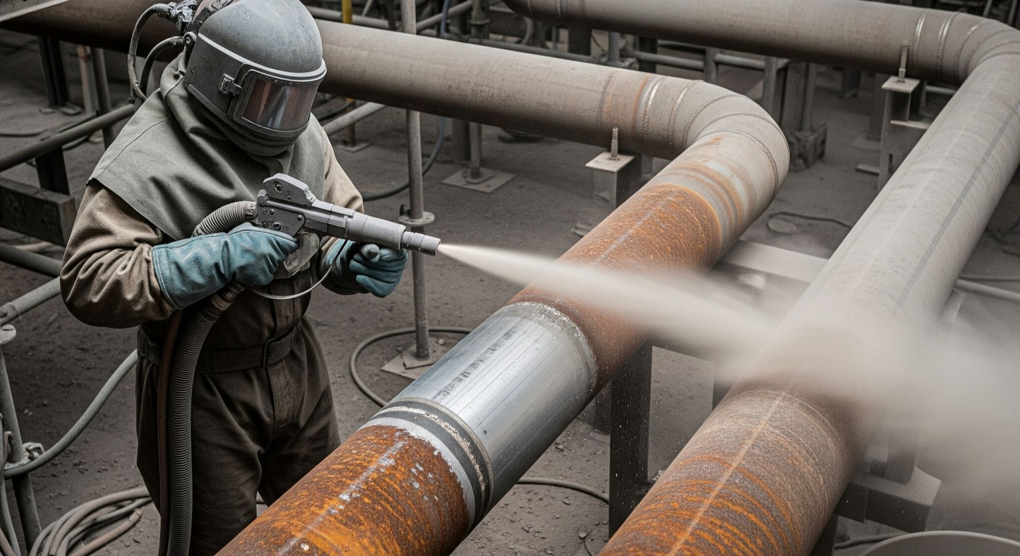 Proses jasa sandblasting piping area dengan abrasive blasting untuk membersihkan karat pada jalur pipa industri