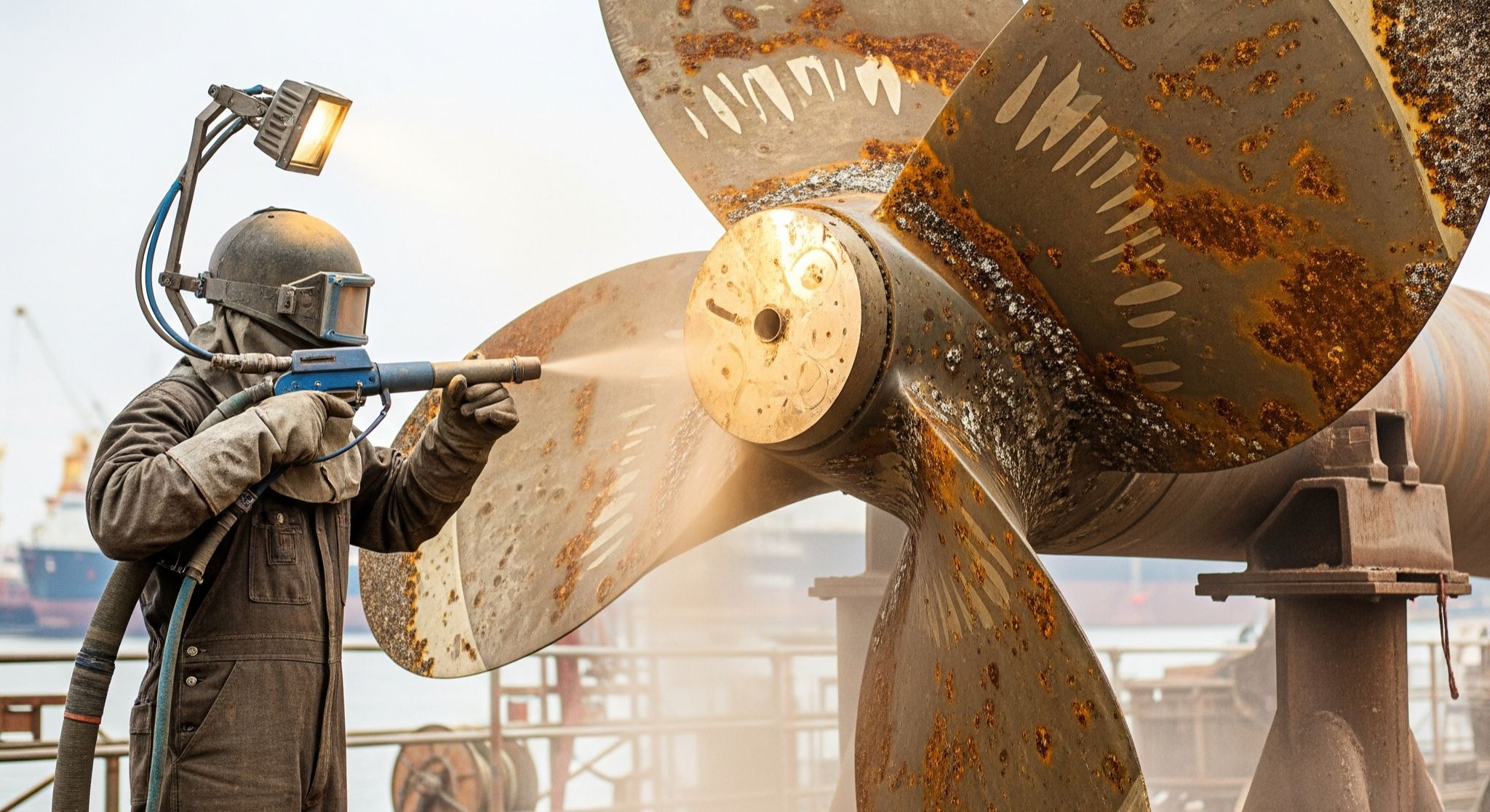 Proses jasa sandblasting propeller kapal untuk membersihkan karat dan fouling pada baling-baling.