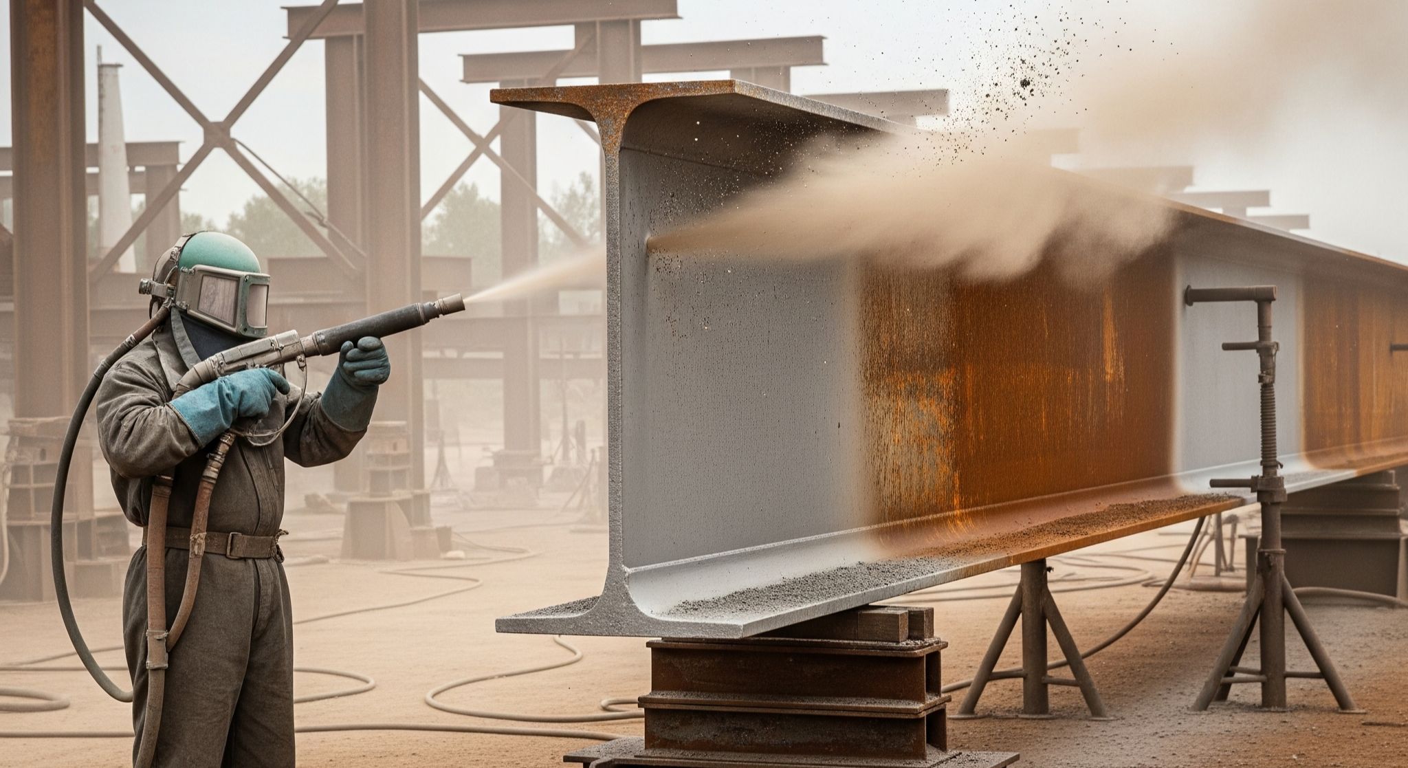 Proses jasa sandblasting rangka dan struktur baja menggunakan abrasive blasting untuk menghilangkan karat.