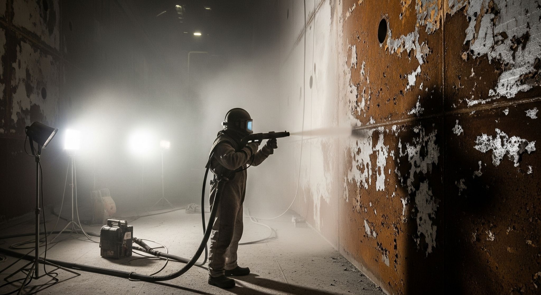 Proses jasa sandblasting tangki ballast kapal untuk menghilangkan korosi dan coating lama