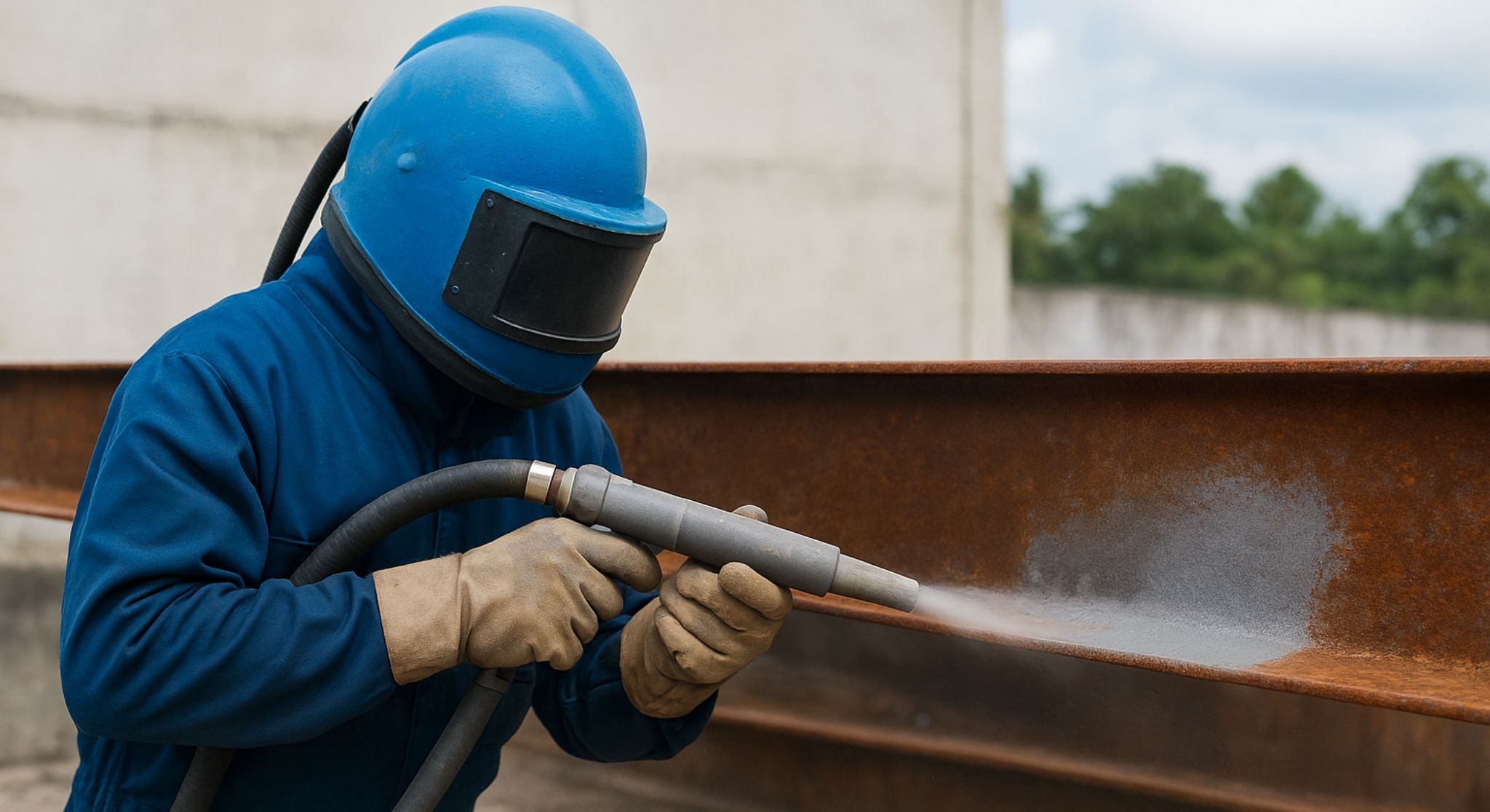 Pekerja jasa sandblasting besi Tarakan menggunakan peralatan bertekanan tinggi untuk menghilangkan karat.