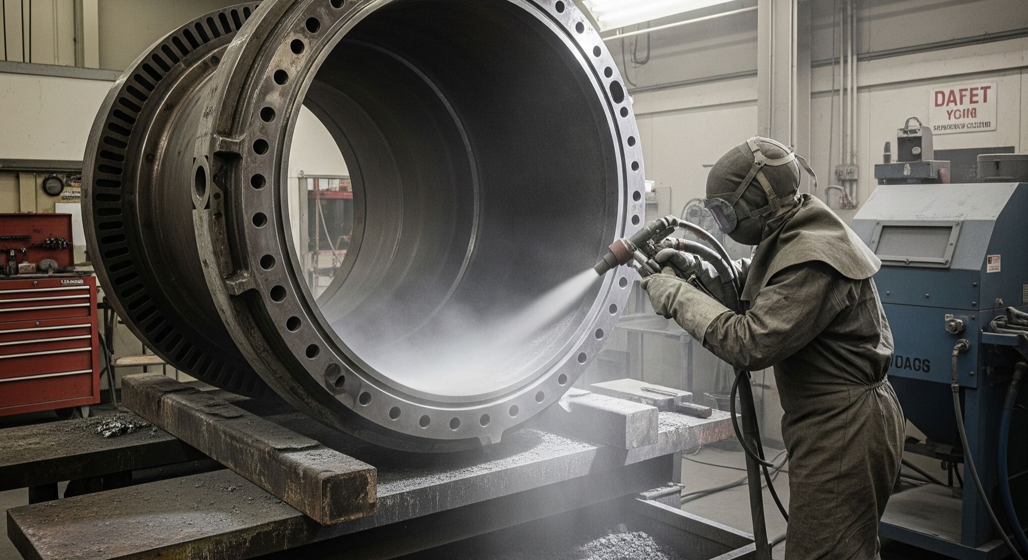 Proses jasa sandblasting turbine casing untuk perawatan turbin gas industri