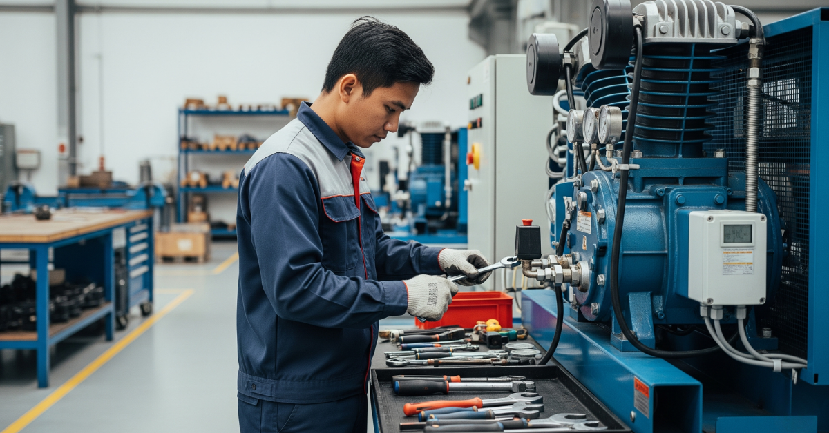 Teknisi ahli sedang melakukan servis dan perbaikan kompresor udara di sebuah bengkel atau pabrik di area Bekasi, memastikan mesin berfungsi optimal
