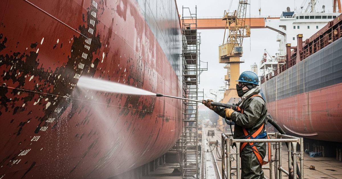 Pekerja jasa water blasting marine sedang membersihkan lambung kapal dengan mesin bertekanan tinggi di area galangan.