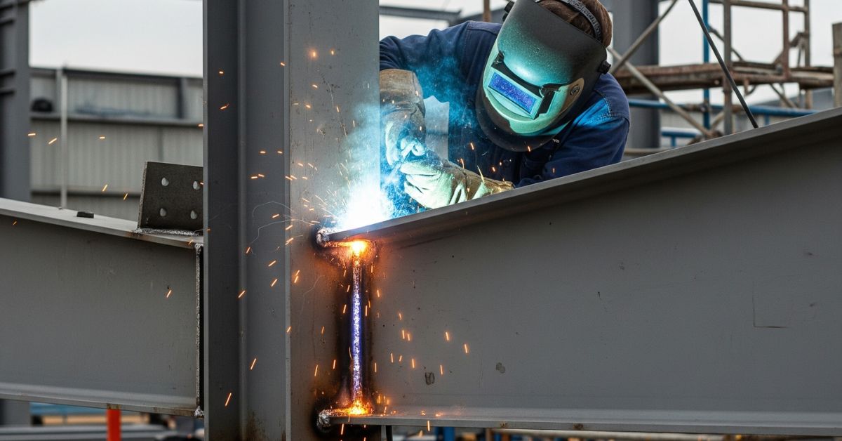 Proses jasa welding WF dan H-Beam untuk konstruksi bangunan industri.