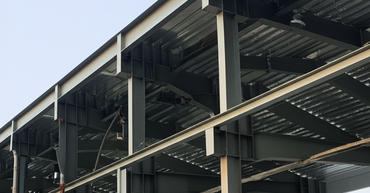 Proses jasa welding sambungan kolom dan balok baja untuk konstruksi gedung industri.