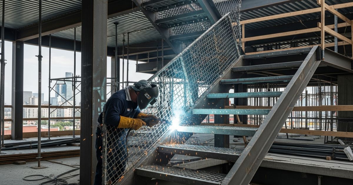 Welder konstruksi sedang melakukan welding tangga baja di proyek gedung bertingkat
