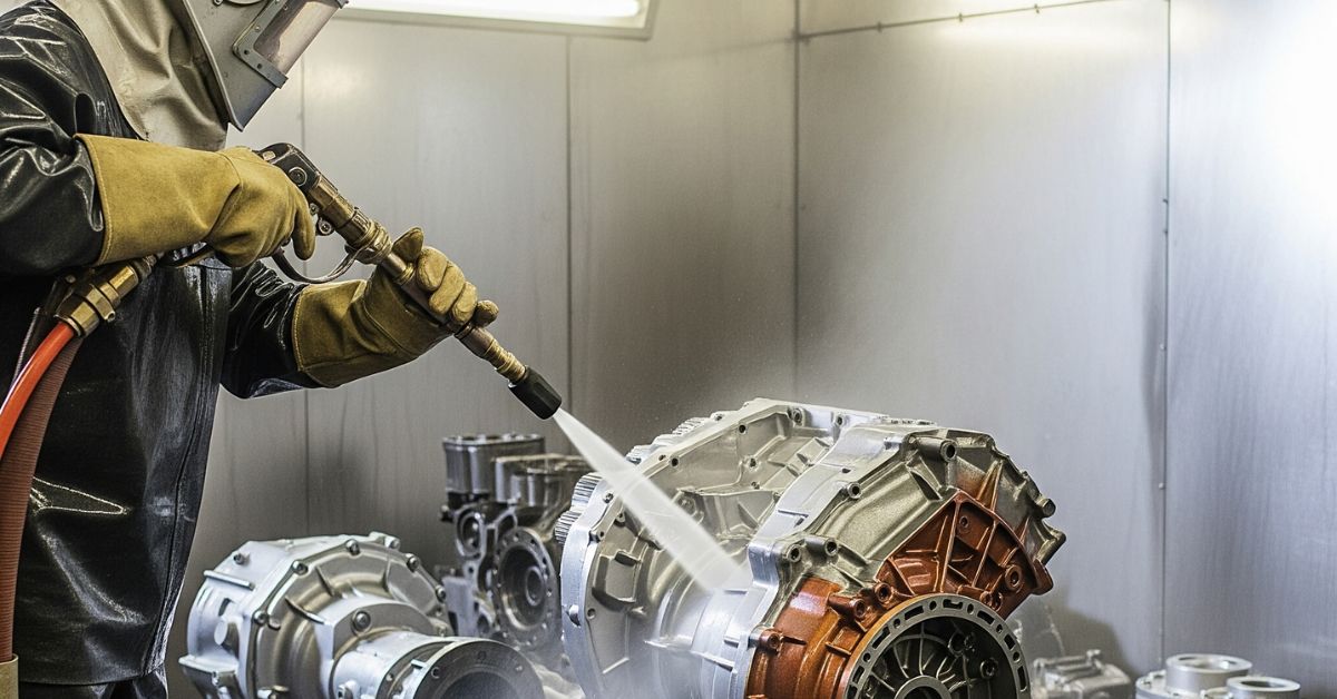 Proses jasa wet blasting komponen mesin untuk pembersihan permukaan logam