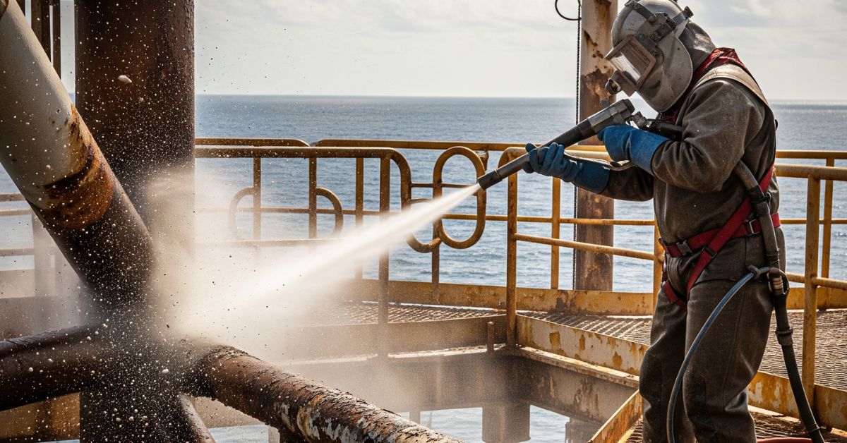 Pekerja profesional melakukan wet blasting offshore pada struktur baja lepas pantai menggunakan air dan abrasive.