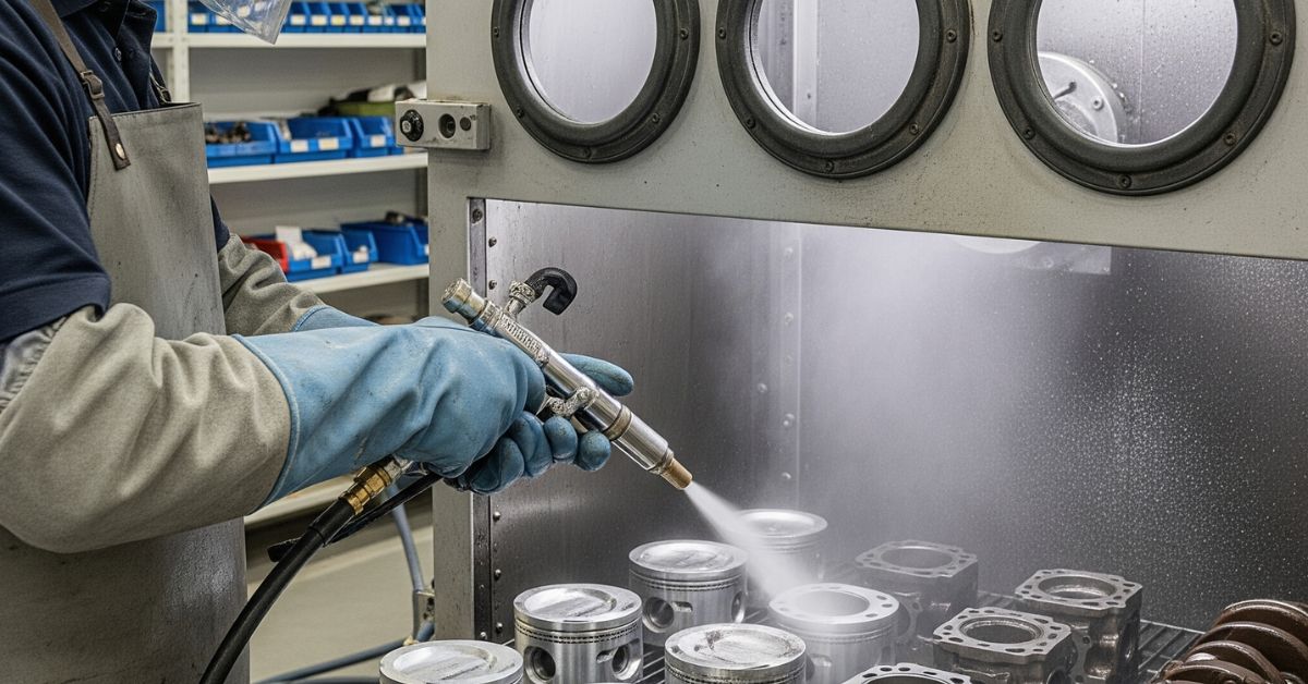 Teknisi menggunakan wet blasting engine untuk pembersihan sparepart