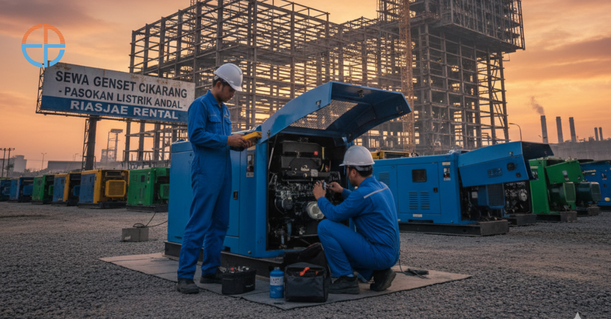 technicians servicing gensets, ensuring the machines are working optimally and are ready for use in factory operations, set in an industrial area Bogor