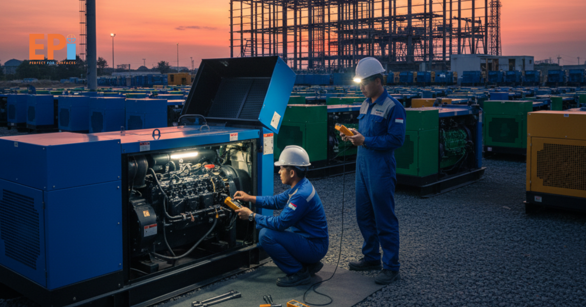 technicians servicing gensets to ensure optimal performance for factory operations in an industrial setting like Cikarang