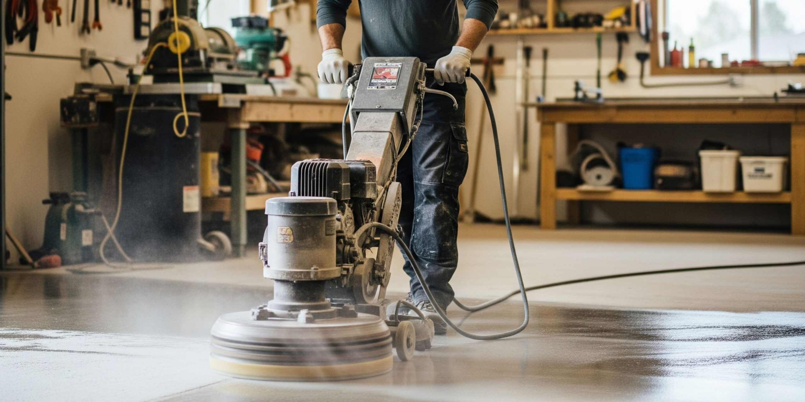 Seorang **tukang poles lantai profesional** sedang menggunakan mesin poles untuk merestorasi lantai beton di sebuah **workshop rumahan**