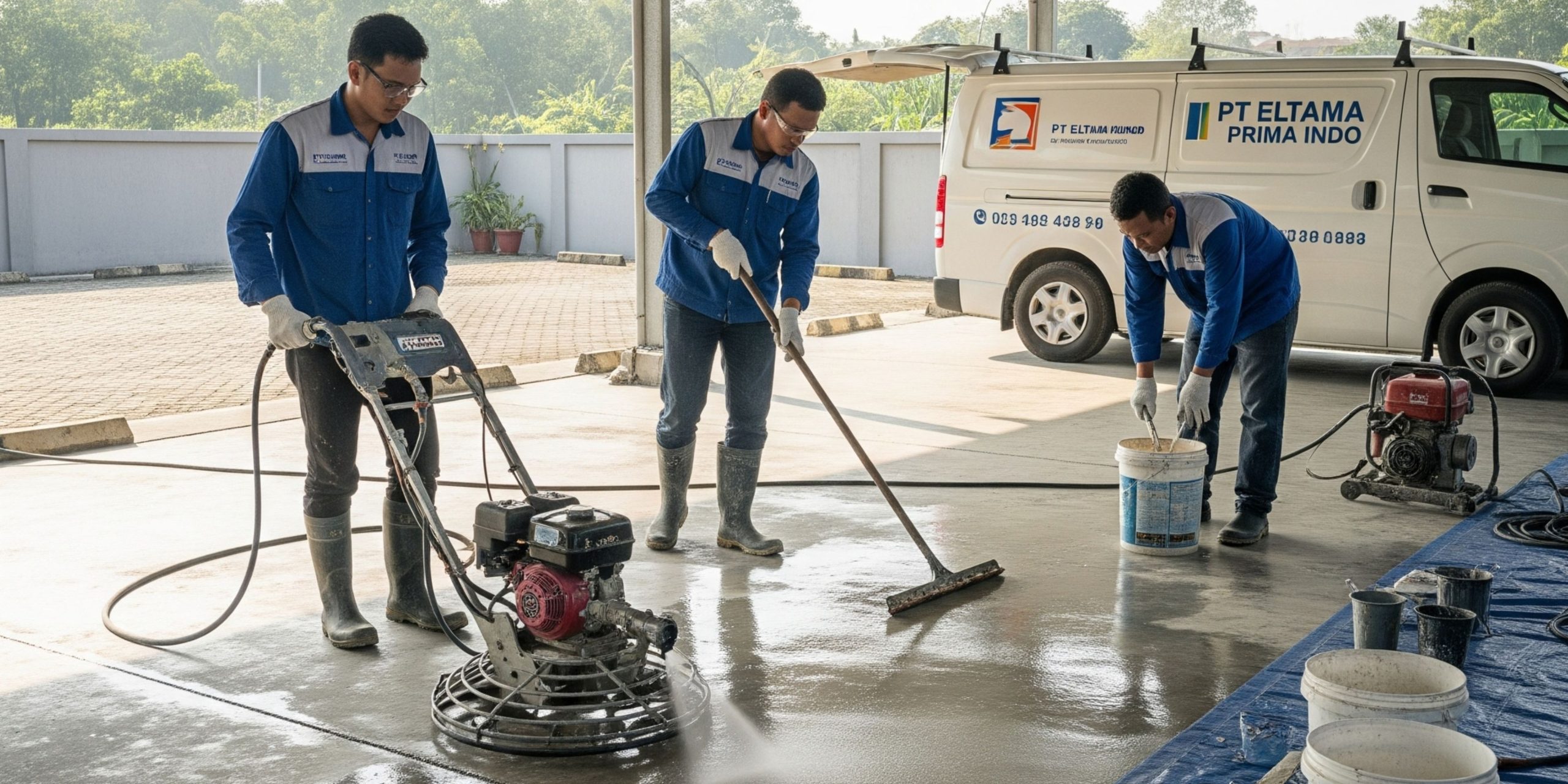 Tim spesialis dari PT Eltama Prima Indo sedang mengaplikasikan cairan kristalisasi untuk memberikan perlindungan ekstra pada lantai carport.