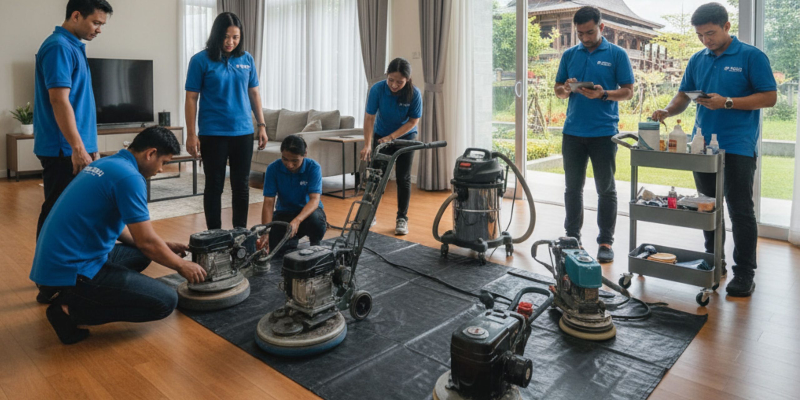 Tim teknisi dari PT Eltama Prima Indo sedang mempersiapkan peralatan lengkap untuk pengerjaan jasa poles lantai rumah