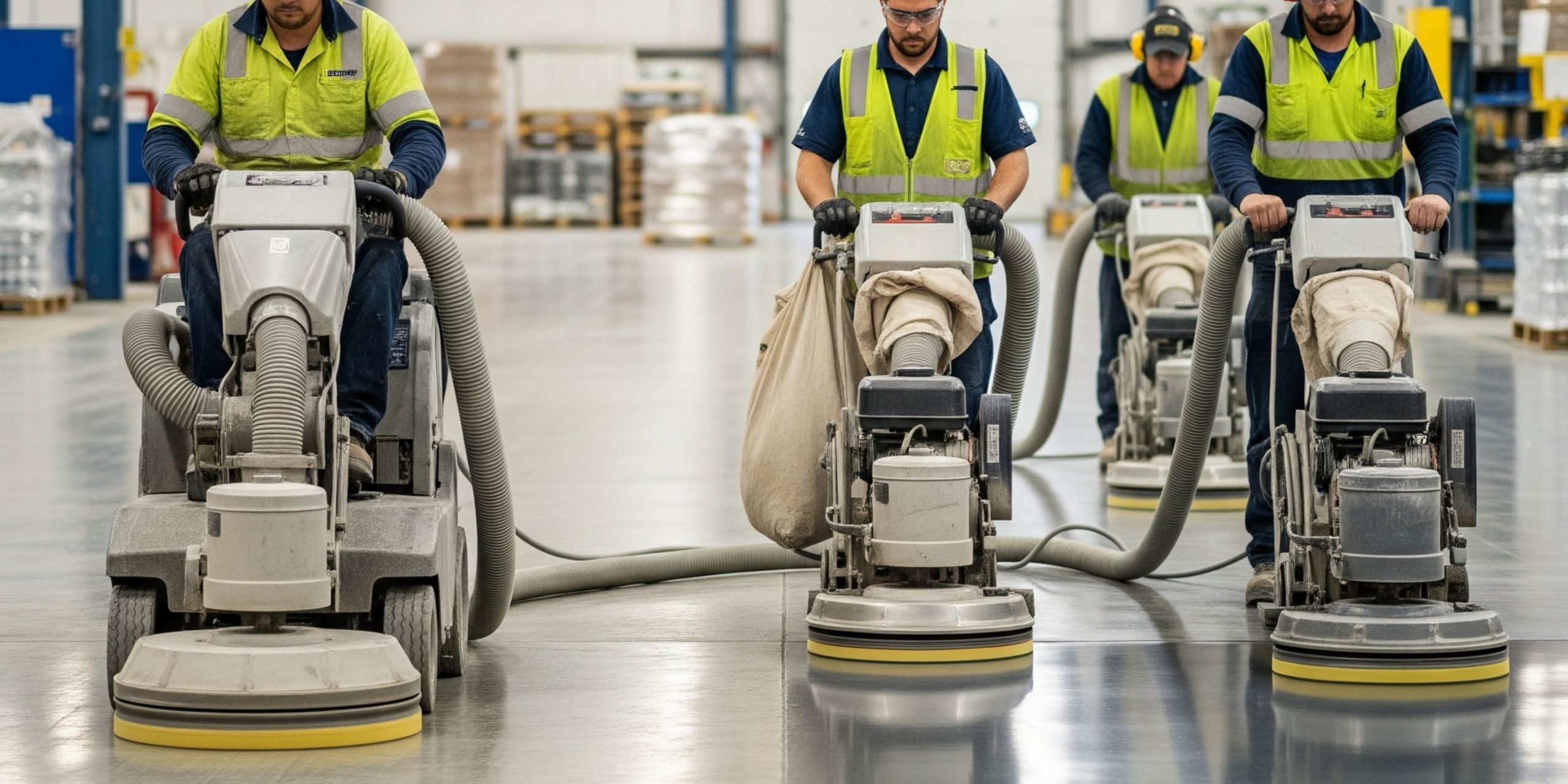 Jasa poles lantai epoxy, pekerja menggunakan mesin polishing untuk mengkilapkan lantai pabrik yang kusam.