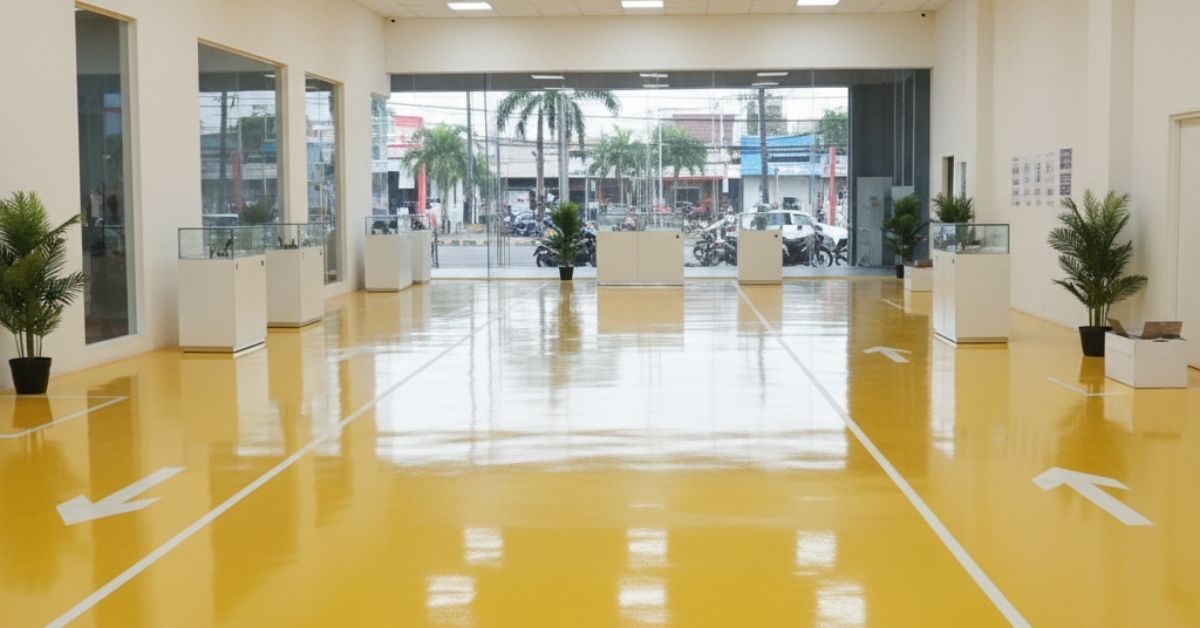 lantai epoksi berwarna kuning yang cerah dan bersih di sebuah area komersial di Depok, dengan garis-garis putih menggunakan produk cat Foxapaint oleh PT Eltama Prima Indo.