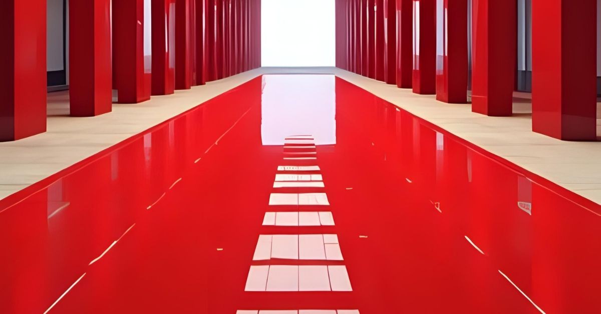 Jasa Aplikator Epoxy Lantai Jakarta Pusat. Lantai warna merah menggunakan cat dari Foxapaint