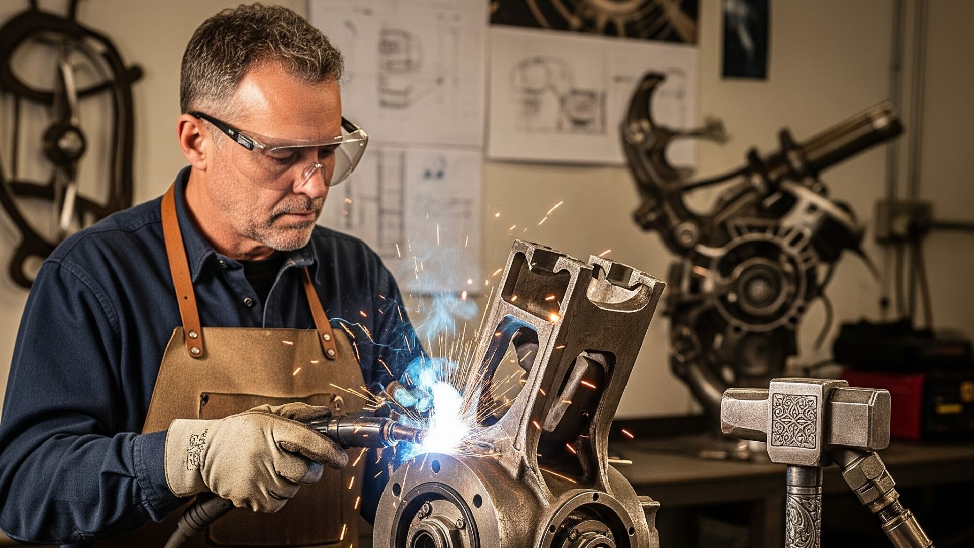 "Tenaga ahli sedang melakukan jasa welding dudukan motor penggerak yang "Modern proyek besar dengan peralatan seni menarik"