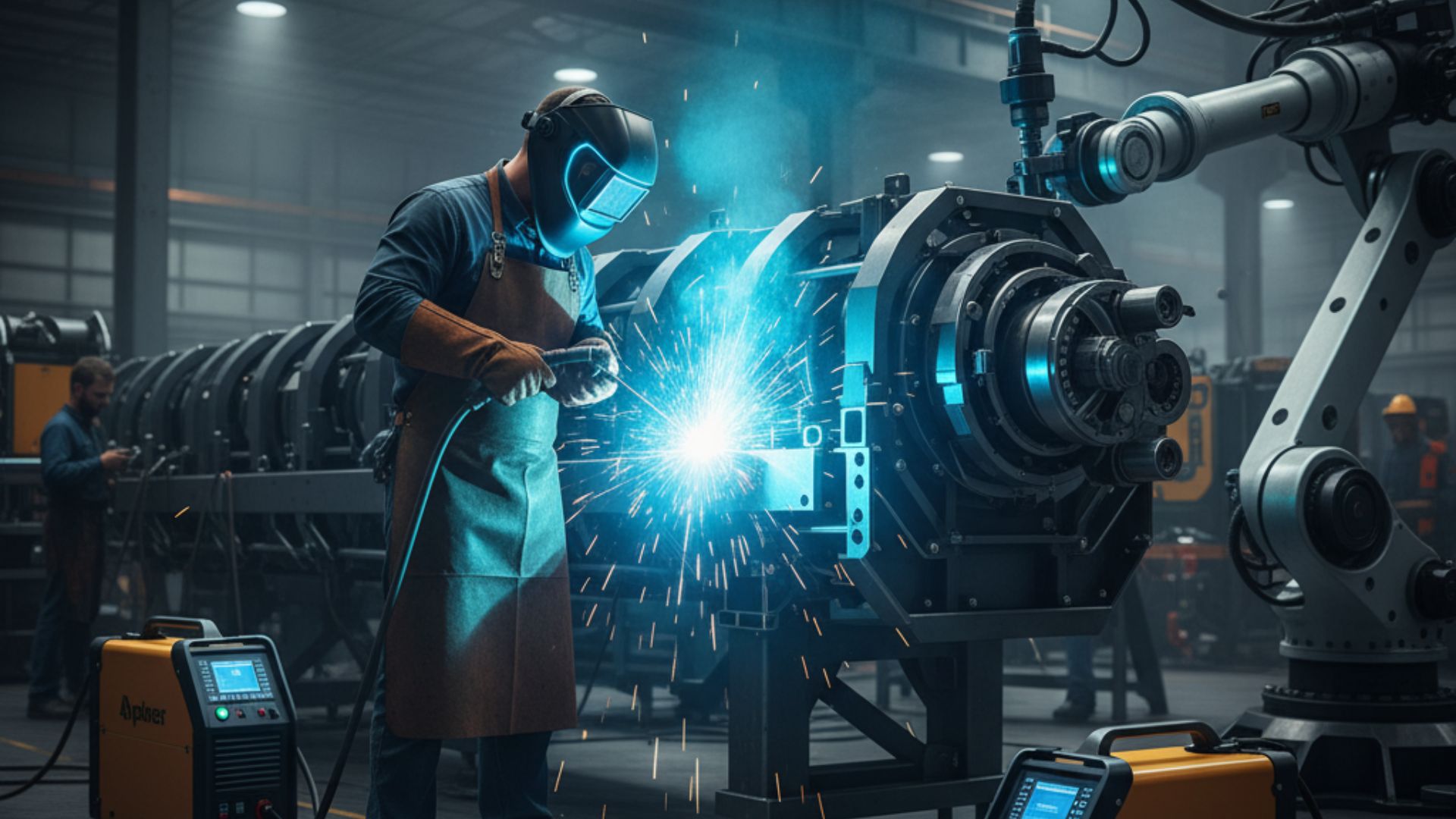 "Tenaga ahli sedang melakukan jasa welding welding komponen conveyor yang Modern proyek besar dengan peralatan seni menarik"