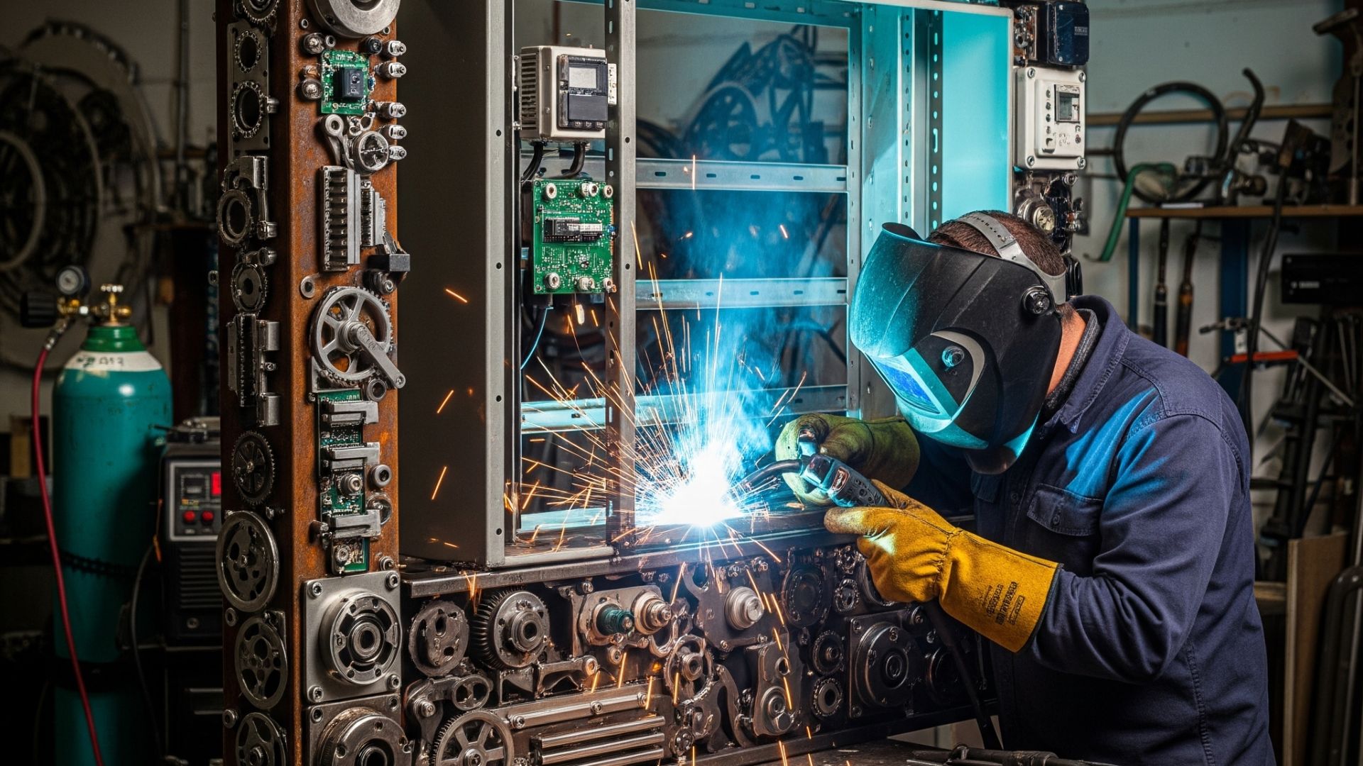 "Tenaga ahli sedang melakukan Jasa welding rangka panel listrik & control box yang Modern proyek besar dengan peralatan seni menarik"