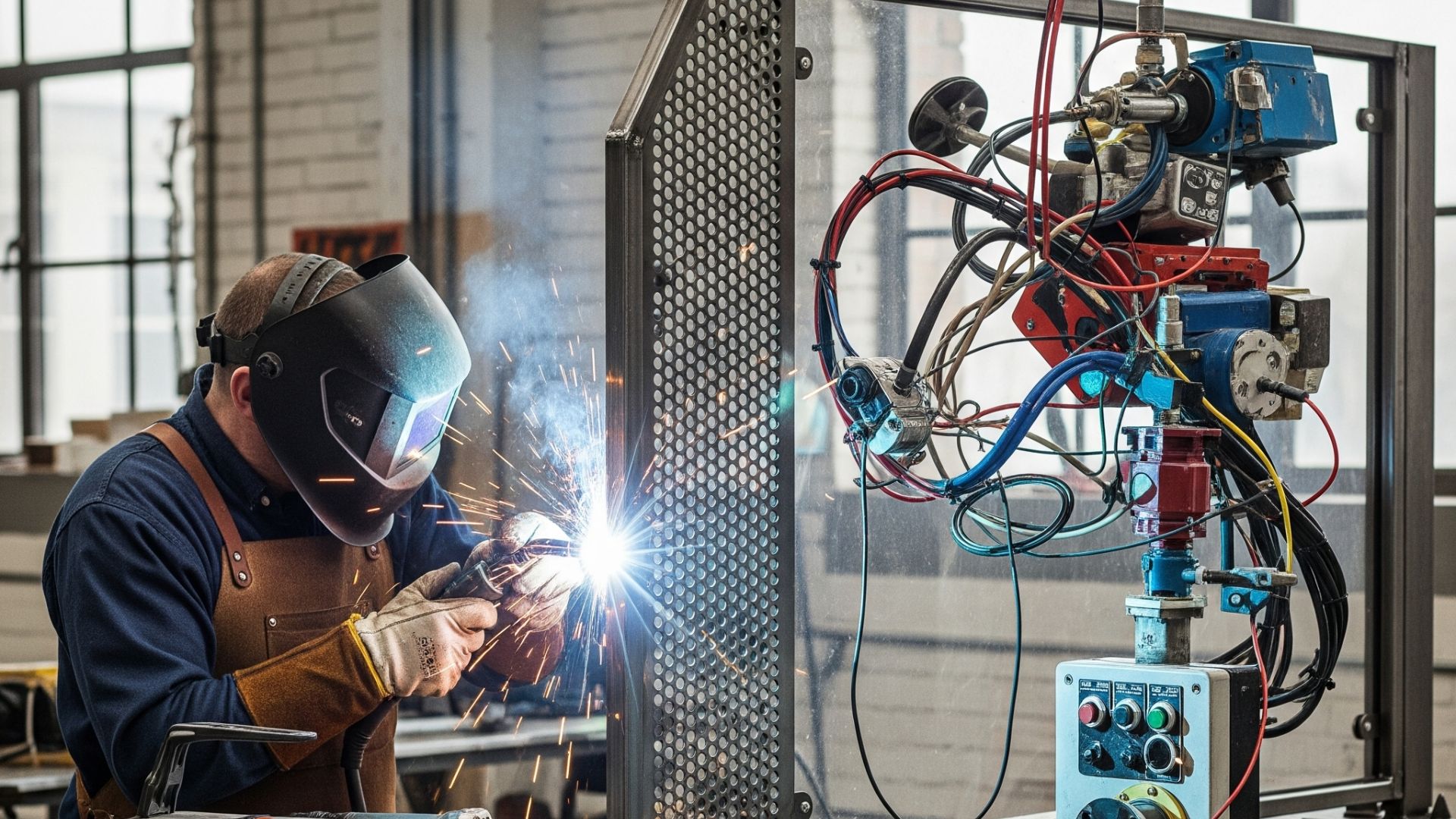 "Tenaga ahli sedang melakukan Jasa welding Safety guard & barrier mesin yang Modern proyek besar dengan peralatan seni menarik"