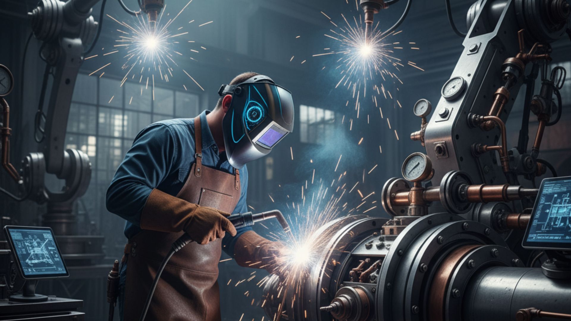 Alt text : "Tenaga ahli sedang melakukan Jasa Welding cooling system yang Modern proyek besar dengan peralatan seni menarik"