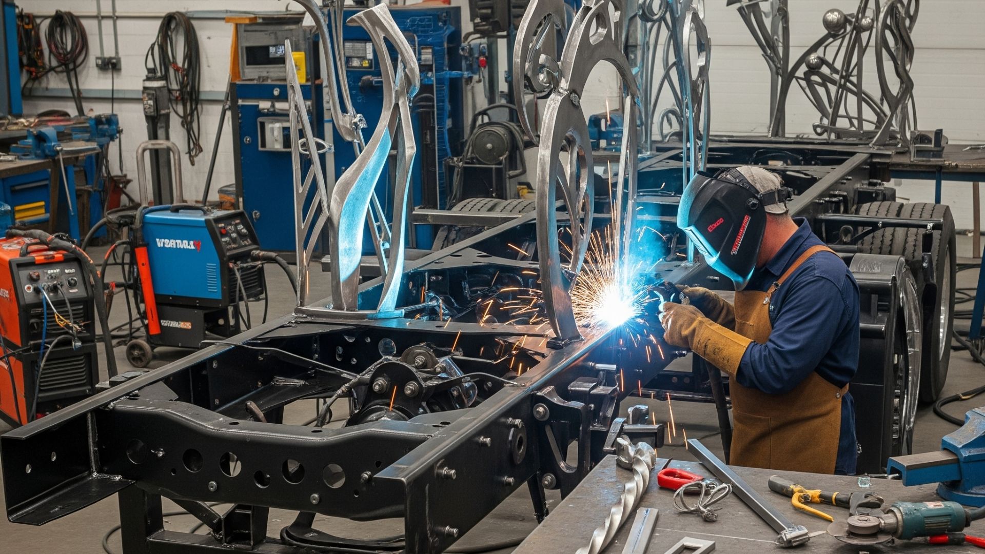 "Tenaga ahli sedang melakukan Jasa Welding Rangka Truk & Trailer yang Modern proyek besar dengan peralatan seni menarik"