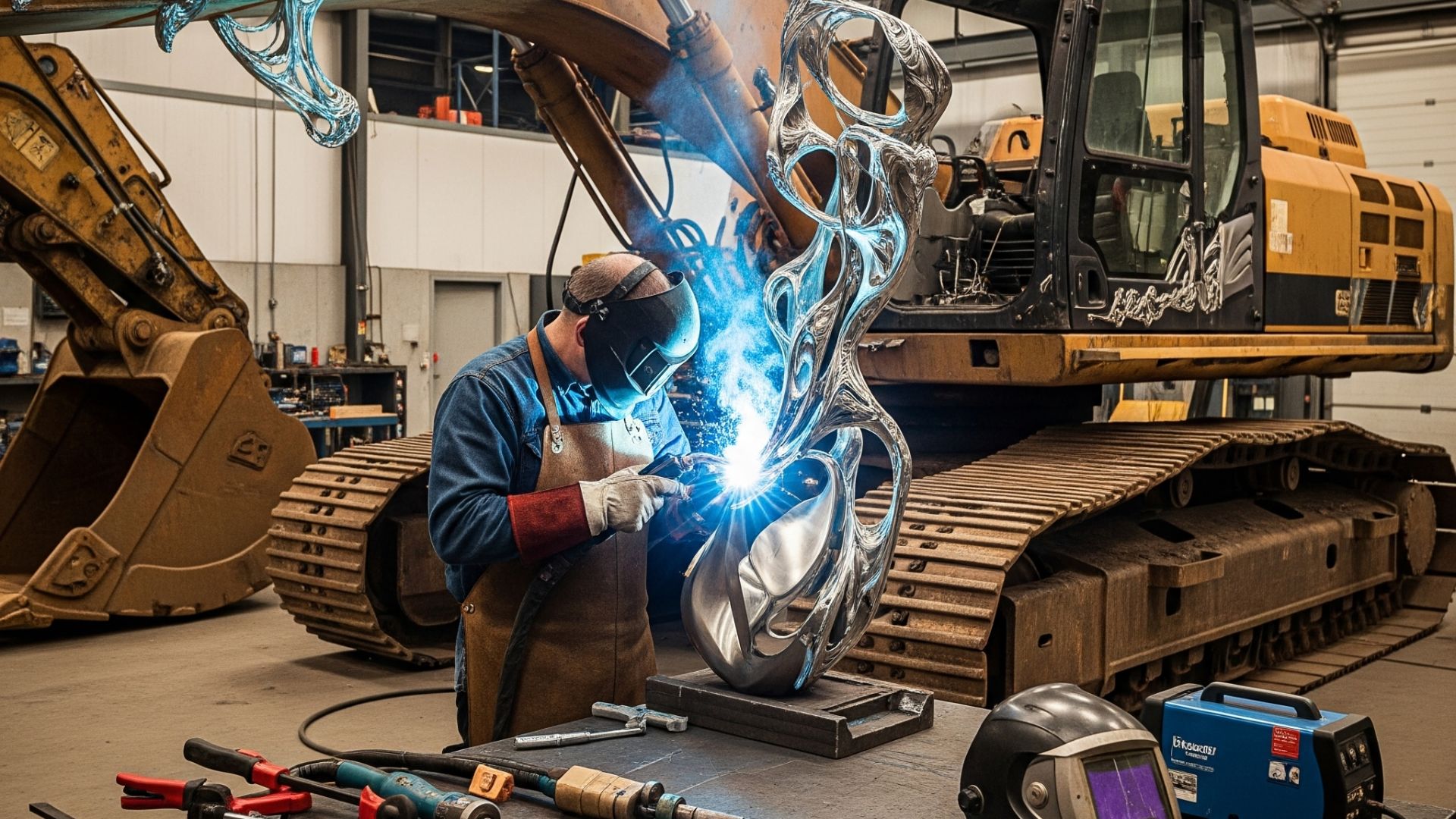 "Tenaga ahli sedang melakukan Jasa Welding Excavator, Bulldozer, Backhoe, dan Loader yang Modern proyek besar dengan peralatan seni menarik"