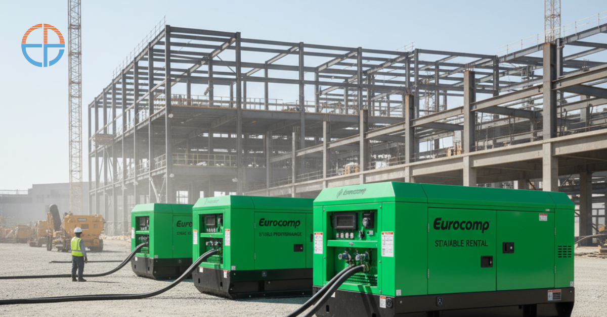 Eurocomp gensets are ready for use on project sites, offering stable and well-maintained performance through reliable rental services.