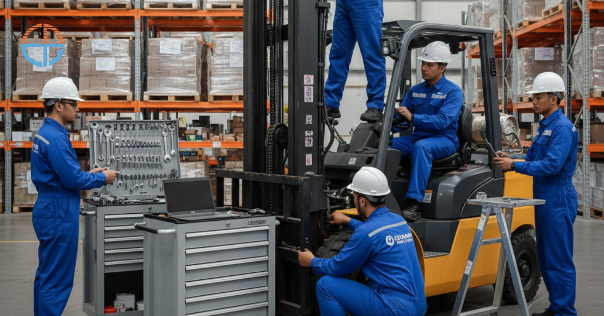 Proses perawatan forklift di Tanggerang dilakukan oleh teknisi ahli agar kinerja alat tetap maksimal di area kerja.