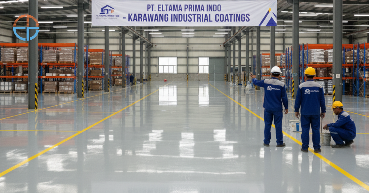 Lantai pabrik di Karawang tampak bersih dan rapi setelah dilapisi epoxy oleh kontraktor berpengalaman PT. Eltama Prima Indo.