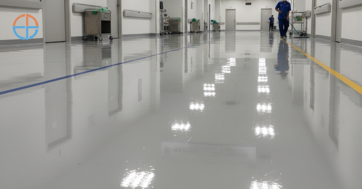 Lantai rumah sakit di Bontang yang dilapisi epoxy coating, terlihat bersih, higienis, dan mudah perawatan dengan hasil finishing rapi