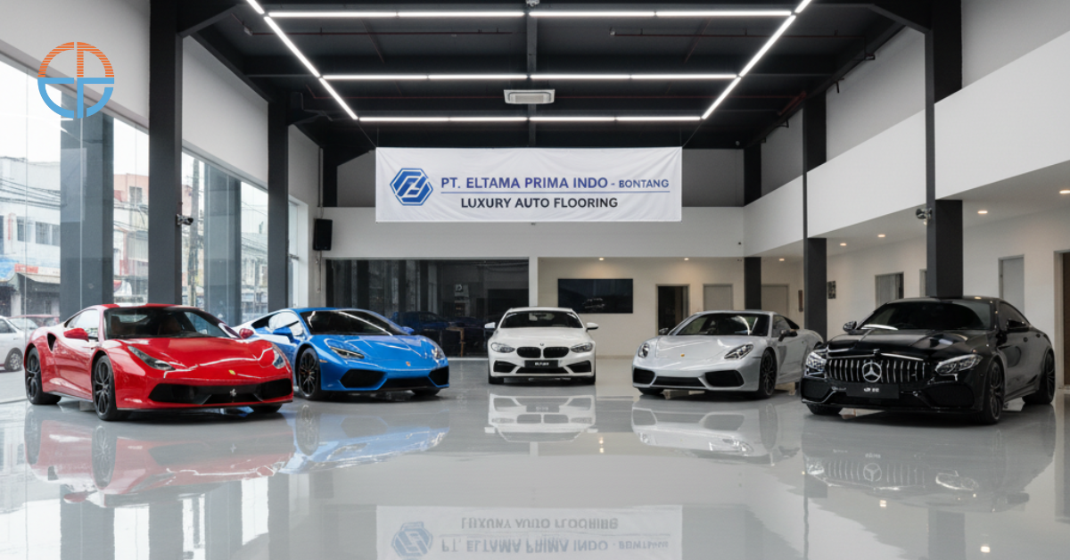 Showroom mobil di Bontang dengan lantai epoxy mengkilap, halus, dan memberikan kesan modern serta mewah.