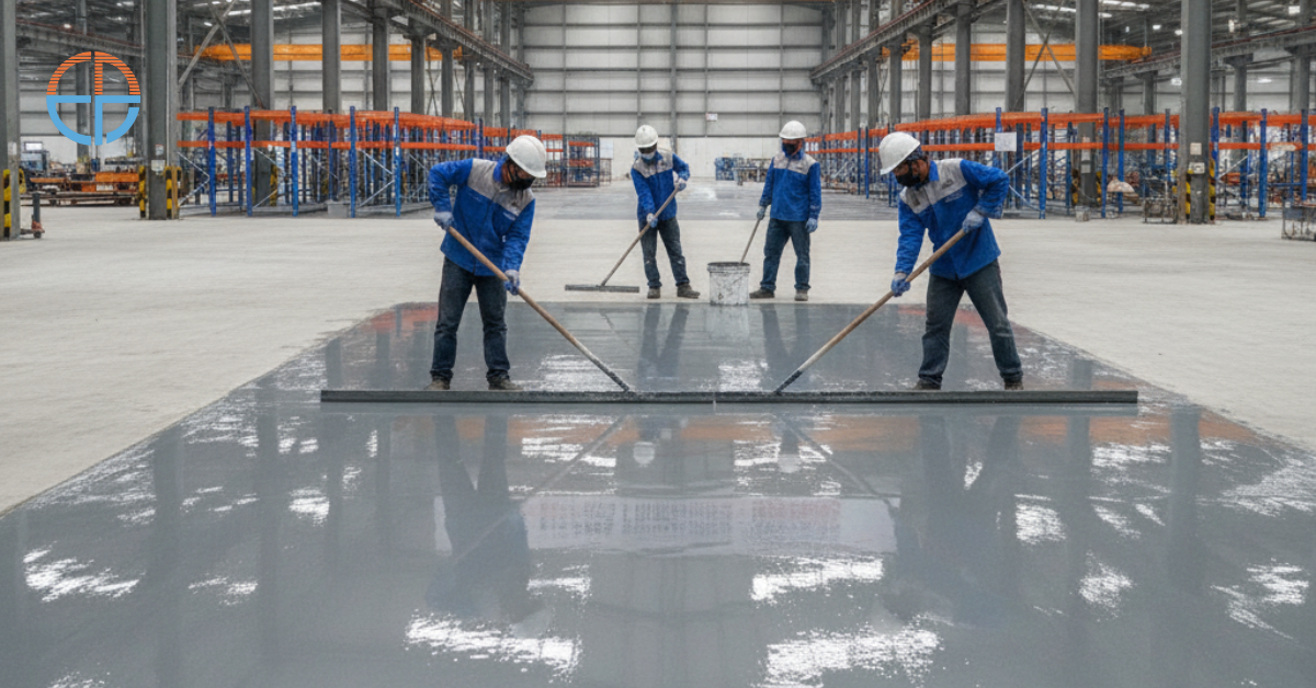 Pekerja kontraktor epoxy lantai di pabrik Bontang sedang mengaplikasikan lapisan epoxy, lantai tampak mengkilap, kuat, dan tahan beban berat.