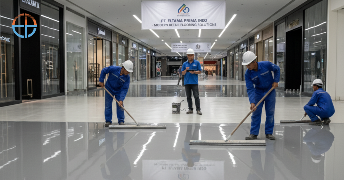 Kontraktor epoxy lantai profesional sedang menyelesaikan pelapisan lantai di sebuah mall, hasil akhir tampak mengkilap, rata, dan memberi kesan modern elegan.