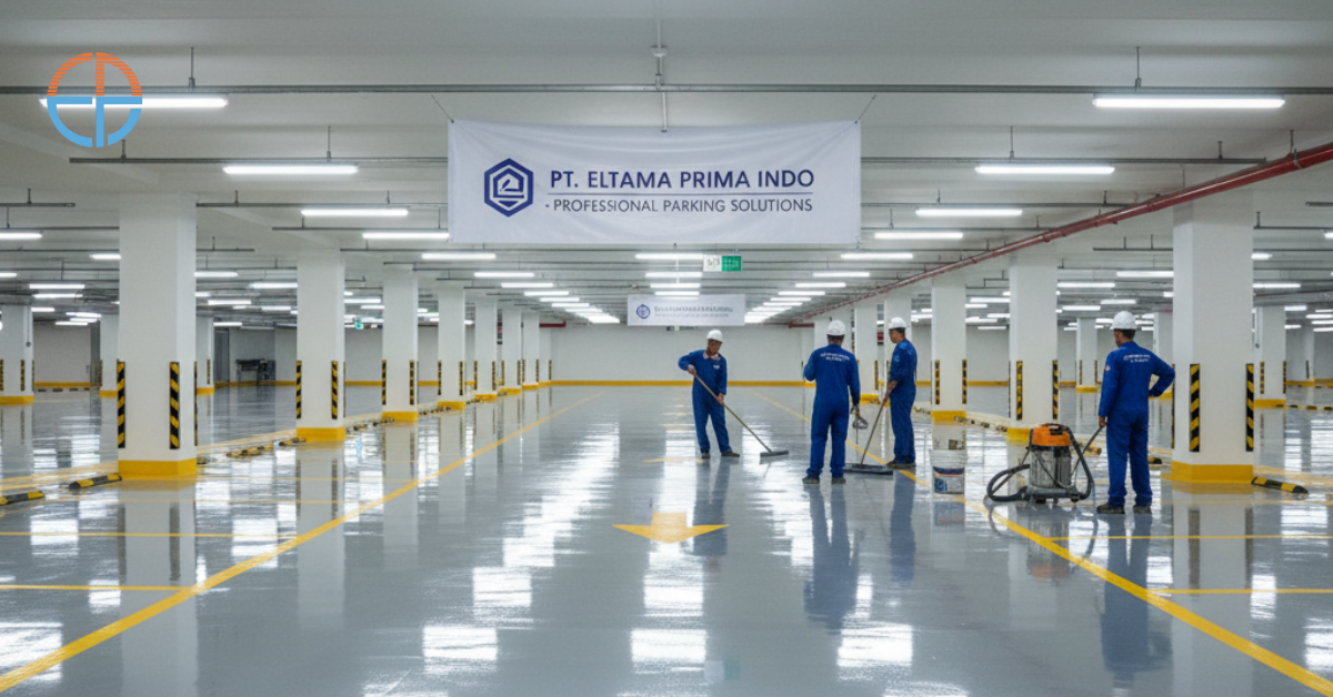 Area parkiran luas dilapisi epoxy coating profesional, permukaan tampak halus, mengkilap, tahan gesekan, dan lebih mudah dibersihkan.