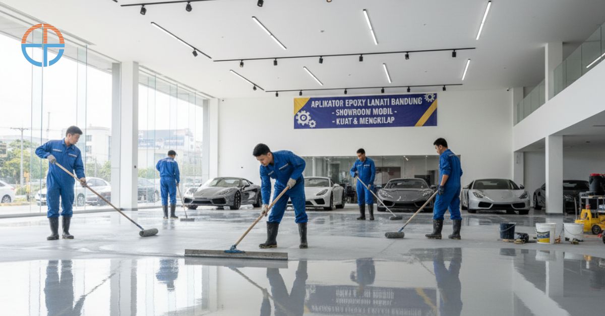 Aplikator epoxy lantai Bandung melakukan pengecatan epoxy untuk showroom mobil.