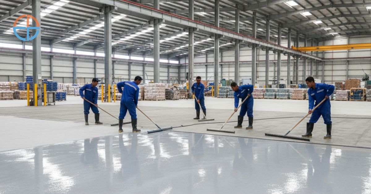 Cat epoxy lantai pabrik Palembang dengan hasil finishing rapi, kuat, dan higienis.