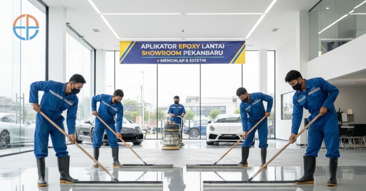 Proses finishing epoxy lantai showroom Pekanbaru dengan hasil mengkilap dan estetik.